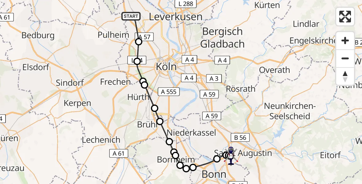 Flugroute Polizeihubschrauber Chorweiler - Sankt Augustin, 06 Februar 2026, 20:37
