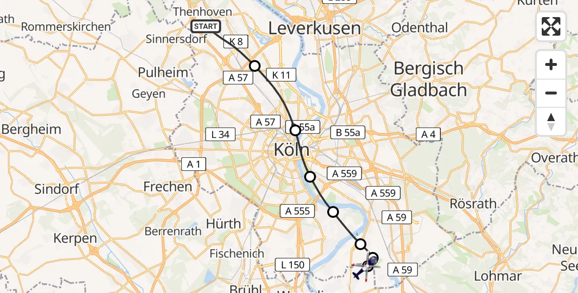 Flugroute Polizeihubschrauber Chorweiler - Lülsdorf, 06 Februar 2026, 21:46
