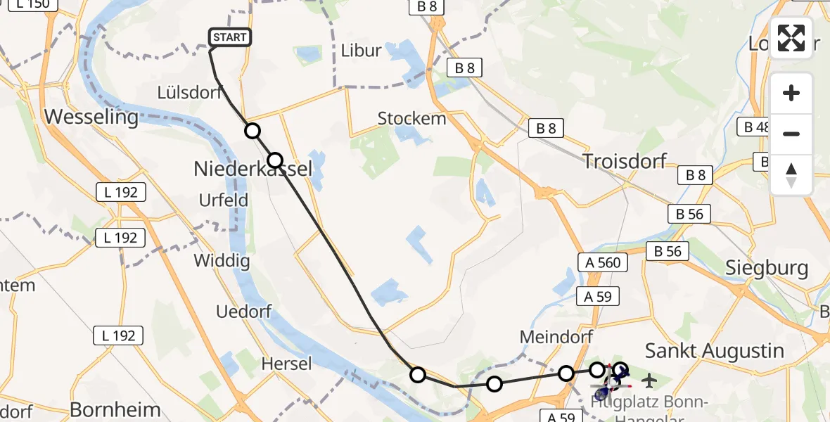Flugroute Polizeihubschrauber Lülsdorf - Sankt Augustin, 06 Februar 2026, 21:58