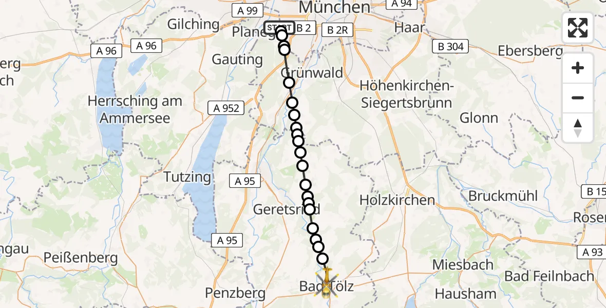 Flugroute Ambulanzhubschrauber DRF Air Rescue München Heliport - Bad Tölz, 06 Februar 2026, 23:26