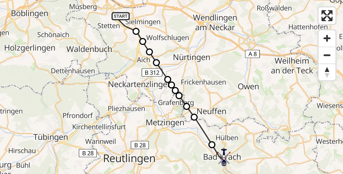 Flugroute Polizeihubschrauber Stuttgart Airport - Bad Urach, 07 Februar 2026, 06:49