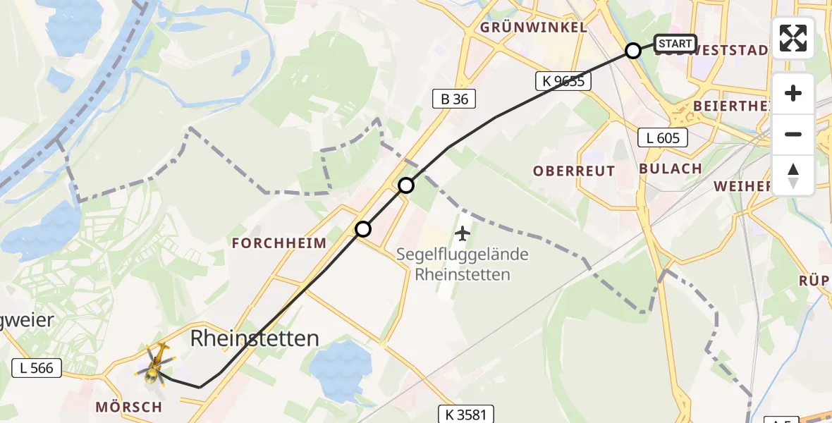 Flugroute Rettungshubschrauber Sankt Vincentius Hospital Heliport - Rheinstetten, 07 Februar 2026, 07:09
