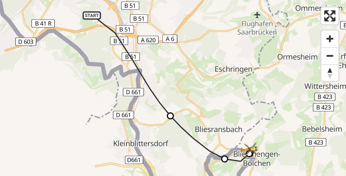 Flugroute Rettungshubschrauber Saarbrücken - Bliesmengen-Bolchen, 07 Februar 2026, 07:31