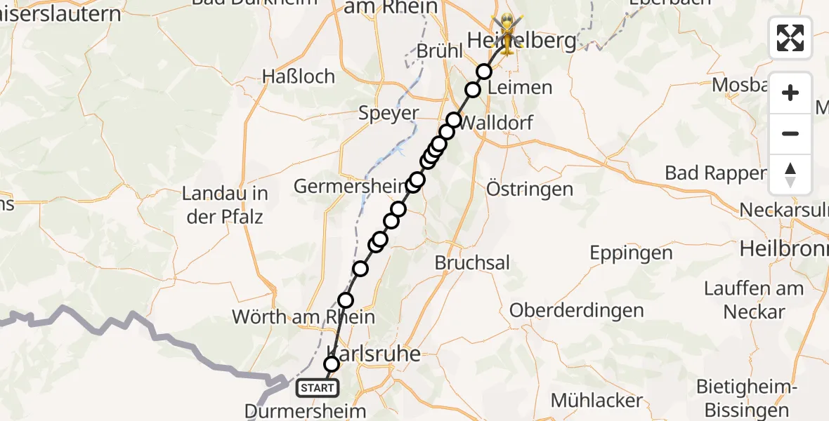 Flugroute Rettungshubschrauber Rheinstetten - Heidelberg, 07 Februar 2026, 07:59