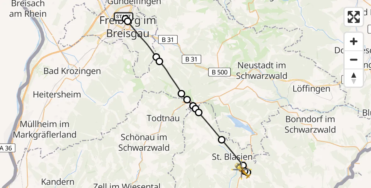 Flugroute Rettungshubschrauber Freiburg im Breisgau - Höchenschwand, 07 Februar 2026, 08:03