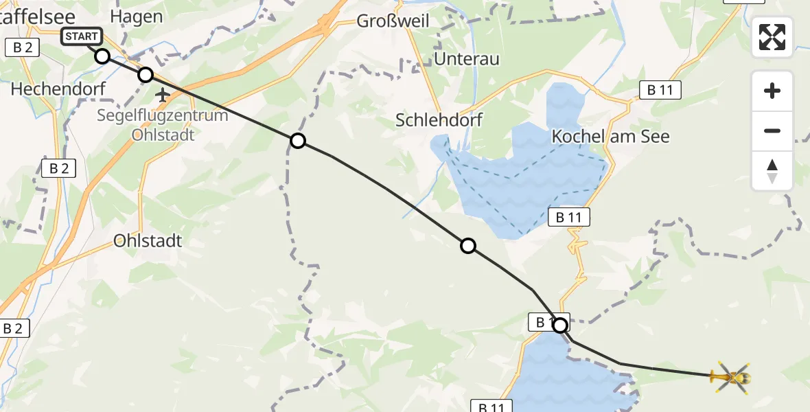 Flugroute Rettungshubschrauber Murnau Accident Hospital Heliport - Jachenau, 07 Februar 2026, 08:05