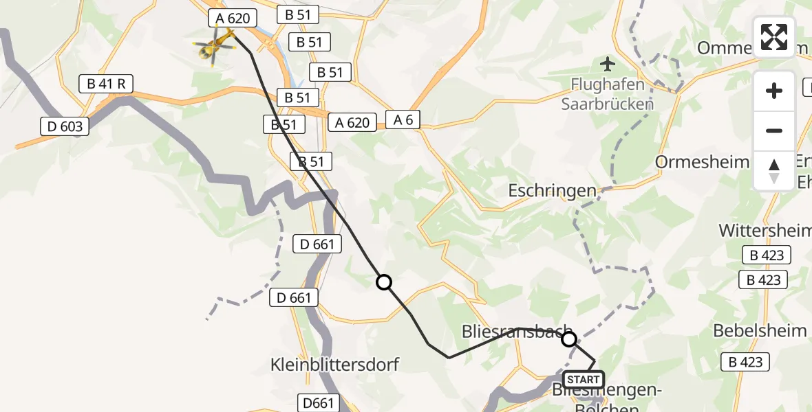 Flugroute Rettungshubschrauber Bliesmengen-Bolchen - Saarbrücken, 07 Februar 2026, 08:08