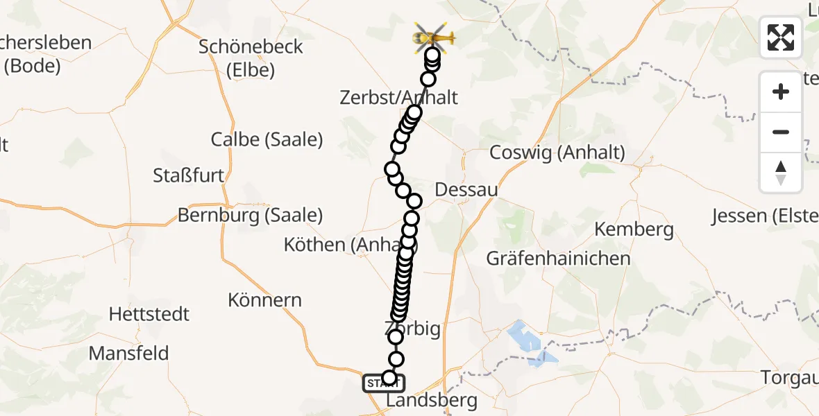 Flugroute Ambulanzhubschrauber Halle-Oppin Airfield - Zerbst/Anhalt, 07 Februar 2026, 08:23