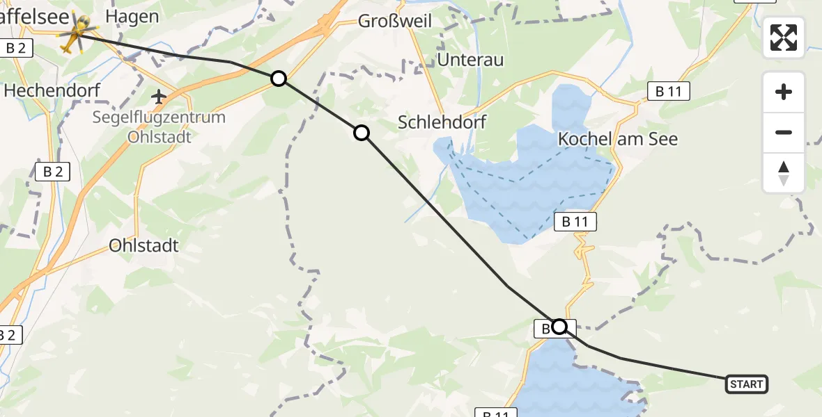 Flugroute Rettungshubschrauber Jachenau - Murnau Accident Hospital Heliport, 07 Februar 2026, 08:35