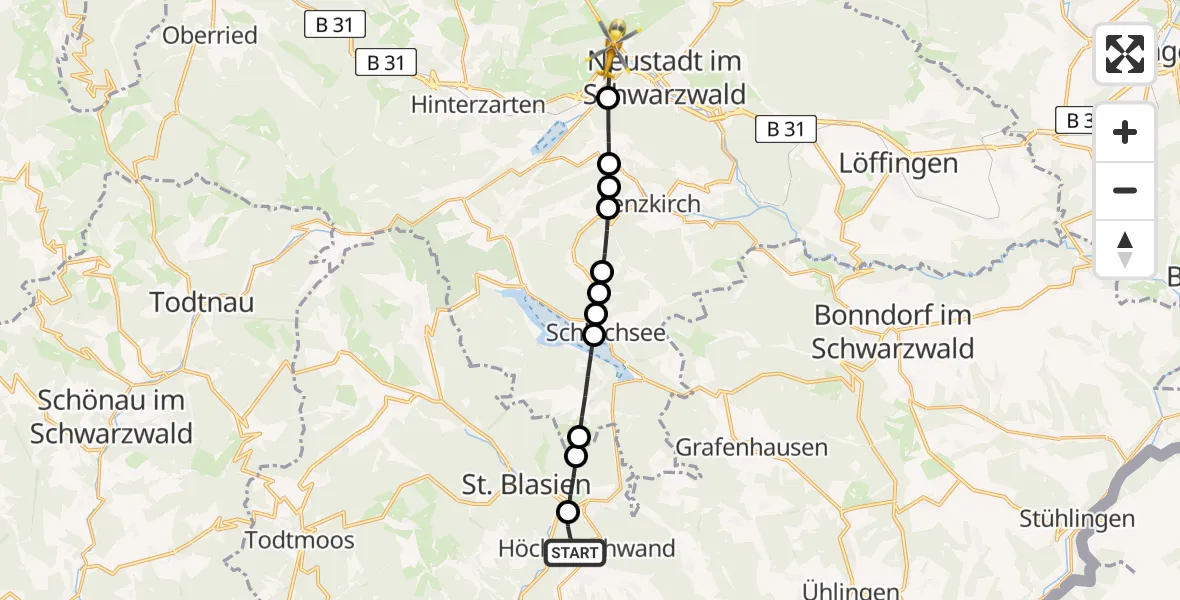 Flugroute Rettungshubschrauber Höchenschwand - Titisee, 07 Februar 2026, 08:36