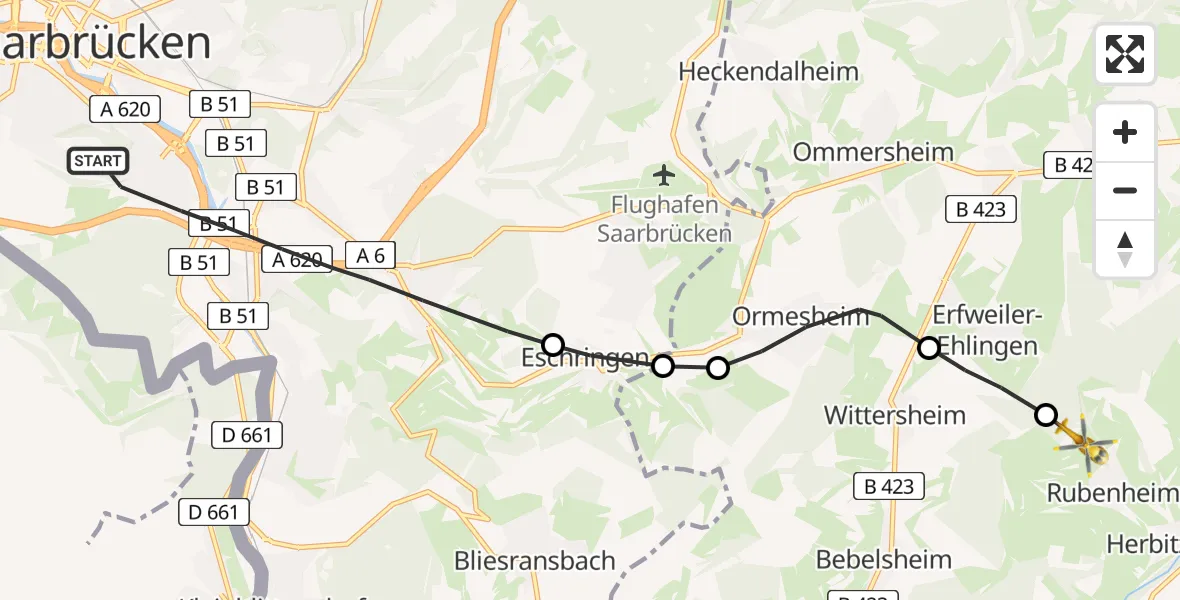 Flugroute Rettungshubschrauber Saarbrücken - Gersheim, 07 Februar 2026, 08:53