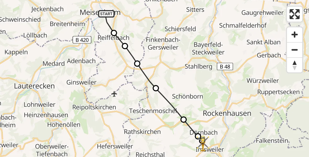 Flugroute Rettungshubschrauber Meisenheim - Imsweiler UL, 07 Februar 2026, 08:59
