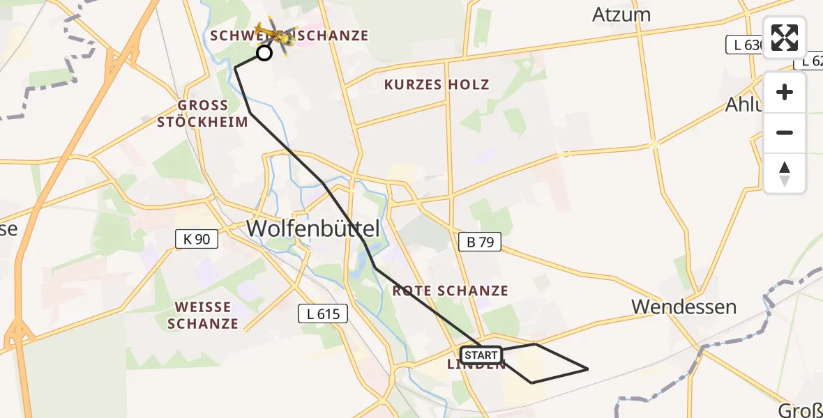 Flugroute Rettungshubschrauber Wolfenbüttel - Wolfenbüttel Municipal Hospital Heliport (Christoph 30), 07 Februar 2026, 09:07
