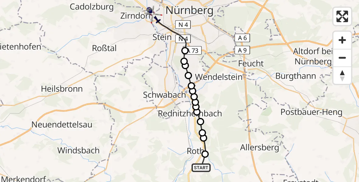 Flugroute Polizeihubschrauber Belmbrach - Fürth, 07 Februar 2026, 09:12
