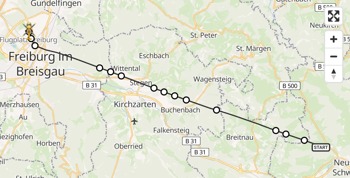 Flugroute Rettungshubschrauber Titisee - Freiburg im Breisgau Airfield, 07 Februar 2026, 09:15