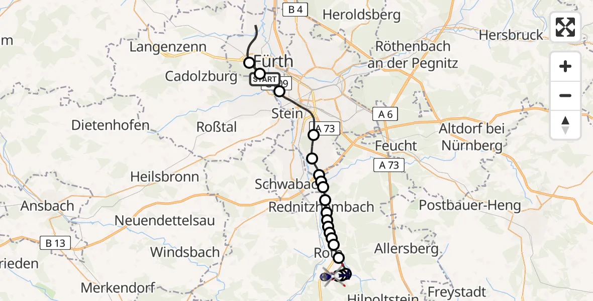 Flugroute Polizeihubschrauber Fürth - Roth Airfield, 07 Februar 2026, 09:23