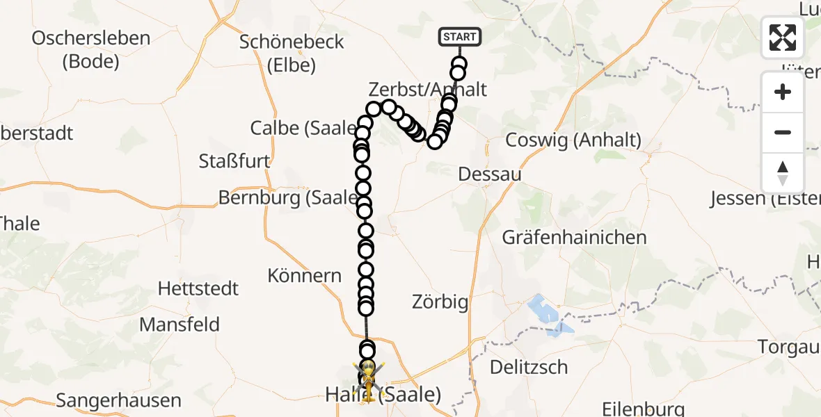 Flugroute Ambulanzhubschrauber Zerbst/Anhalt - Halle (Saale) University Hospital Heliport, 07 Februar 2026, 09:25