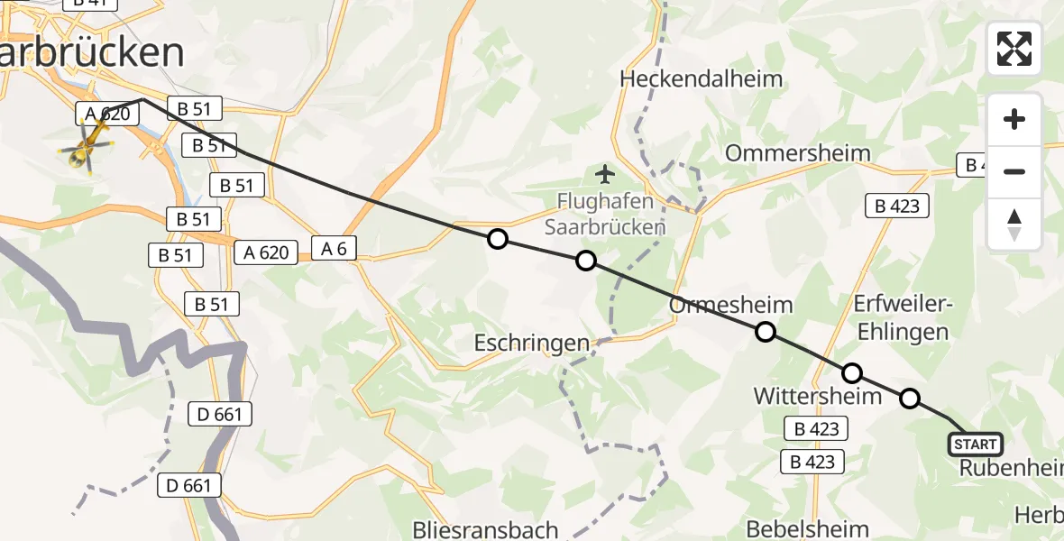 Routekaart van de vlucht: Rettungshubschrauber nach Saarbrücken, Winterberg