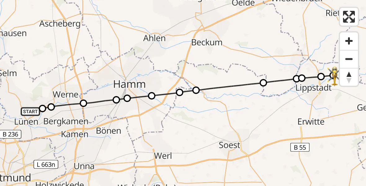 Flugroute Rettungshubschrauber Lünen - Rebbeke, 07 Februar 2026, 09:36