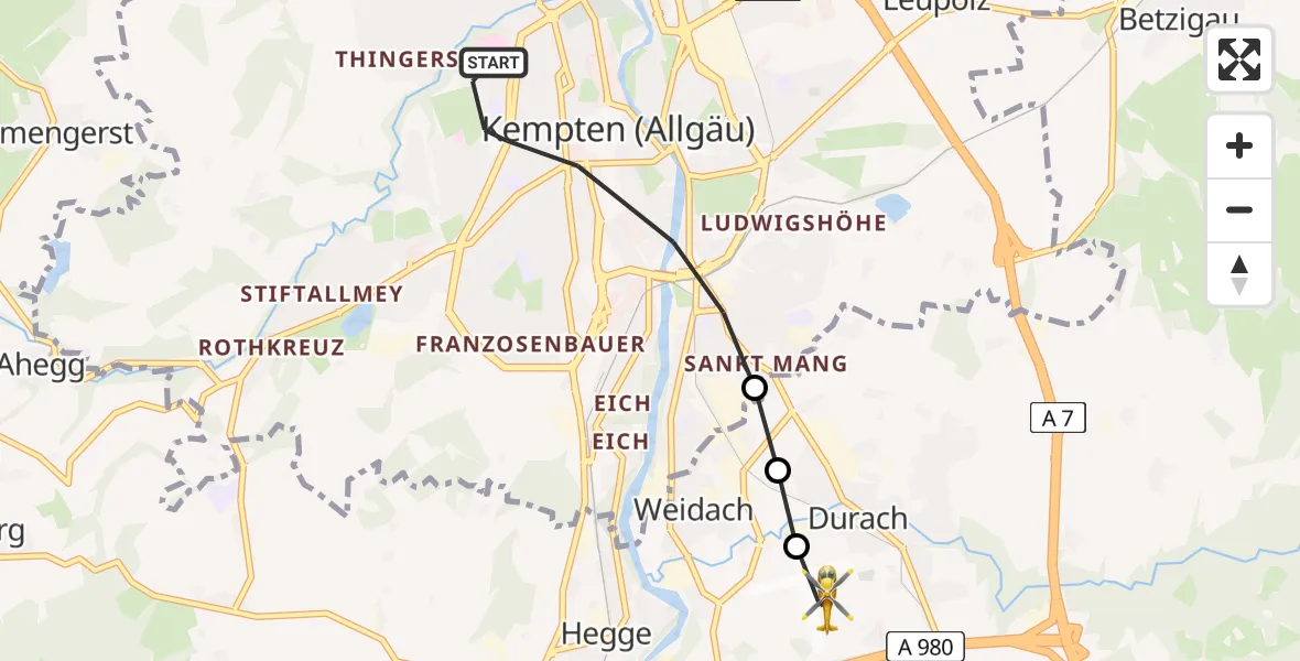 Flugroute Rettungshubschrauber Kempten (Allgäu) - Kempten-Durach Airfield, 07 Februar 2026, 09:40