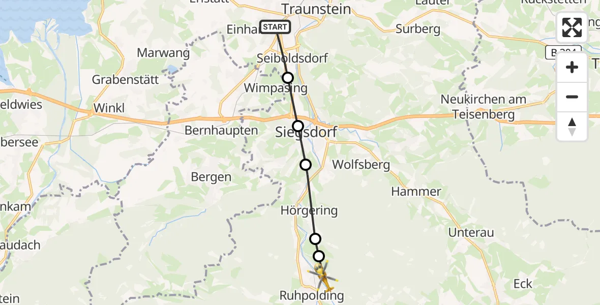 Flugroute Rettungshubschrauber Gemarkung Haslach - Ruhpolding, 07 Februar 2026, 09:43