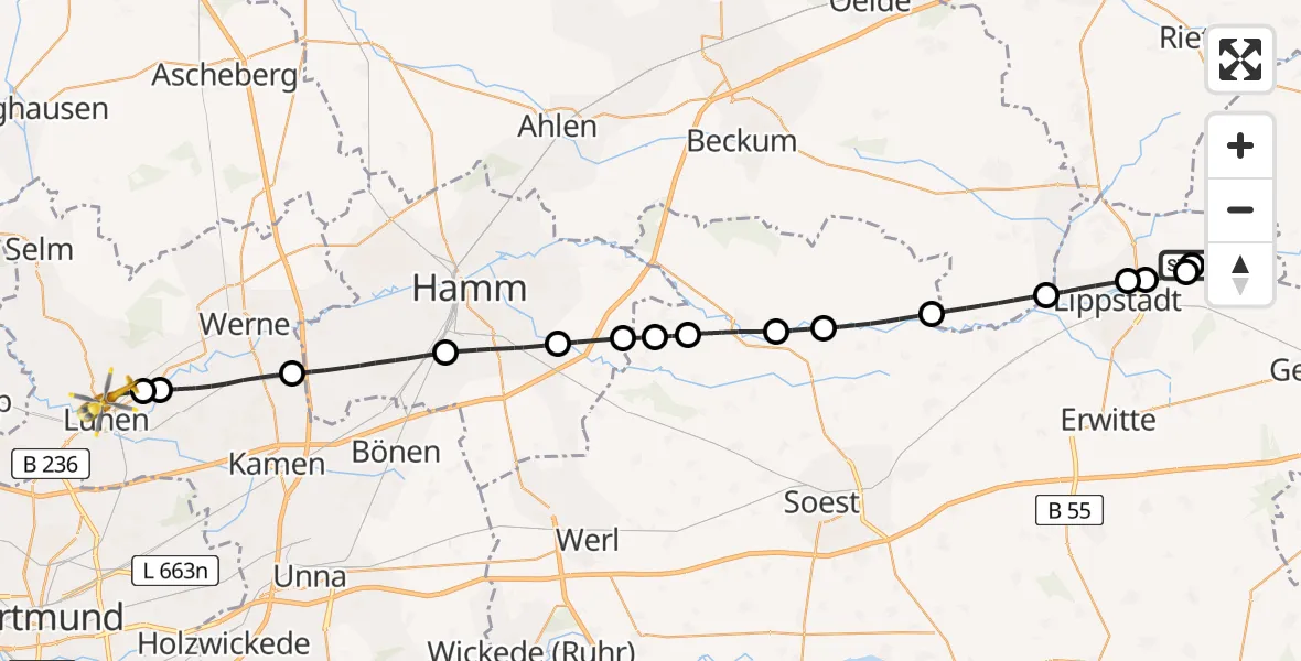 Flugroute Rettungshubschrauber Rebbeke - Lünen, 07 Februar 2026, 10:15