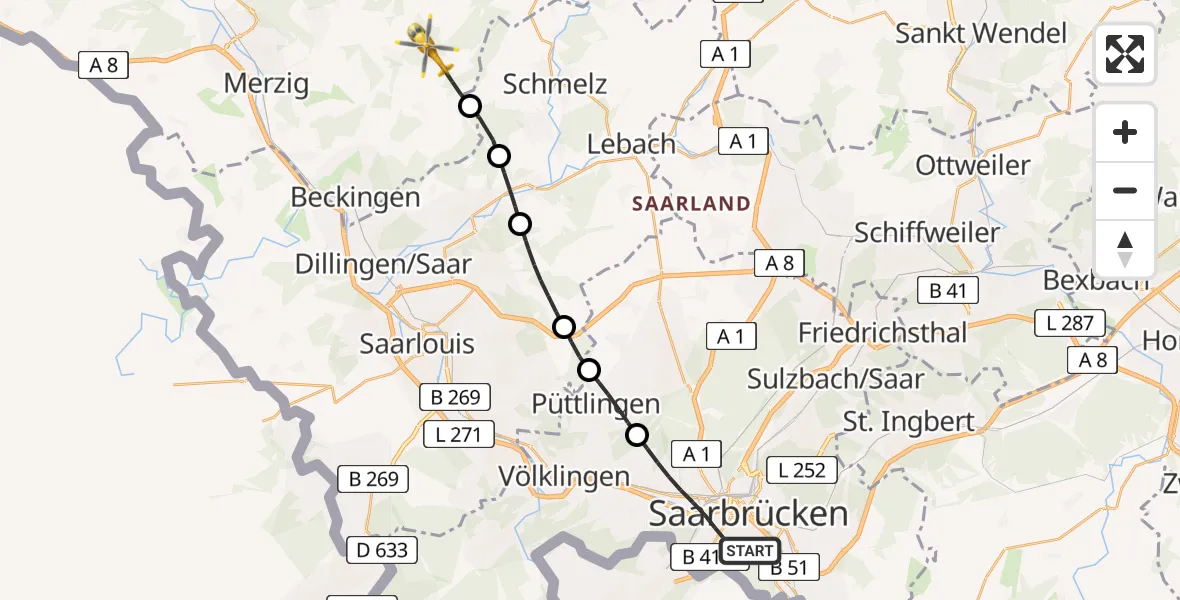 Flugroute Rettungshubschrauber Saarbrücken - Rissenthal, 07 Februar 2026, 10:30