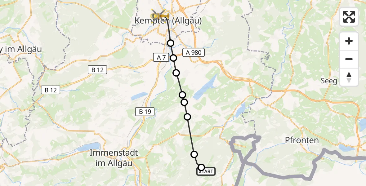 Flugroute Rettungshubschrauber Oberjoch - Kempten (Allgäu), 07 Februar 2026, 10:30