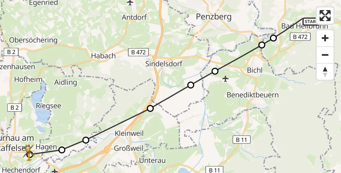Flugroute Rettungshubschrauber Bad Heilbrunn - Murnau Accident Hospital Heliport, 07 Februar 2026, 10:43