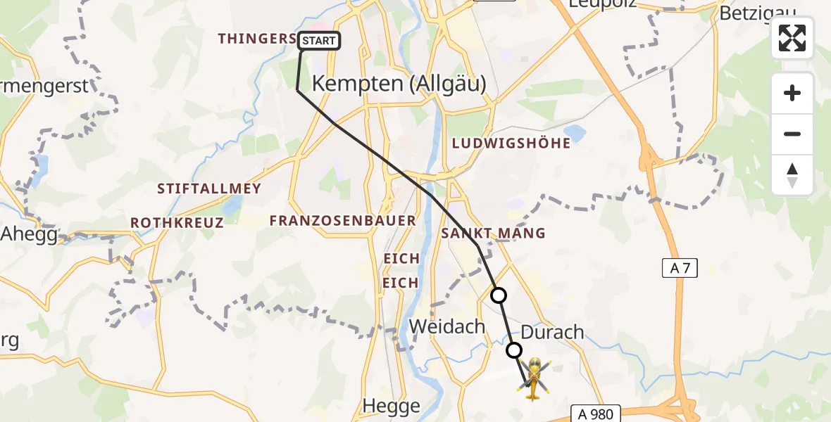 Routekaart van de vlucht: Rettungshubschrauber nach Kempten-Durach Airfield