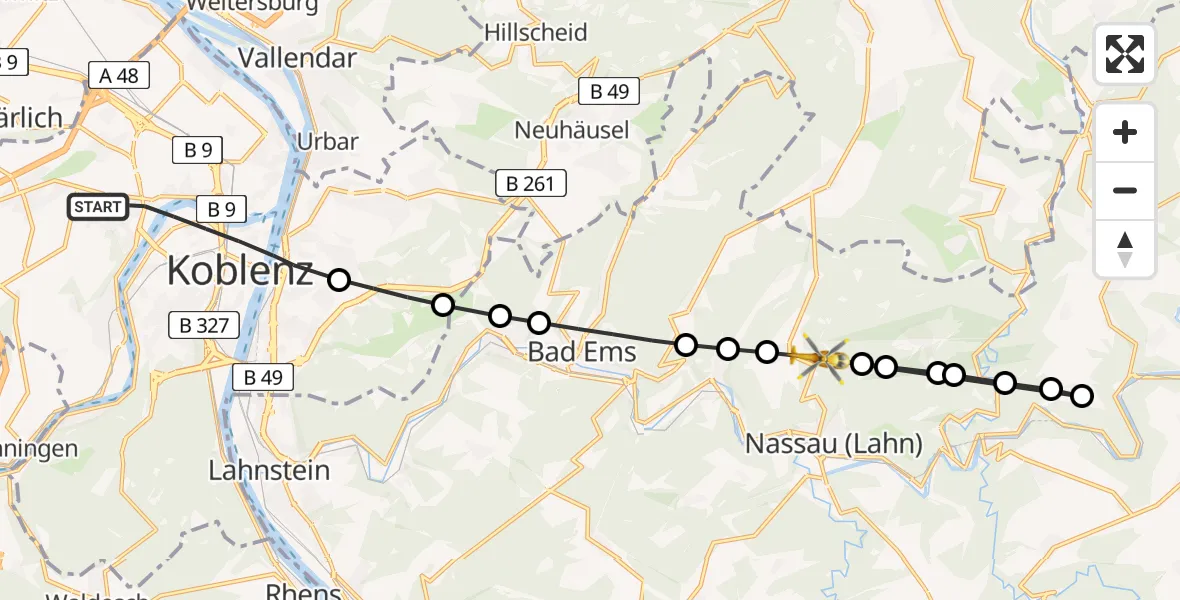 Flugroute Rettungshubschrauber Koblenz - Nassau, 07 Februar 2026, 11:05