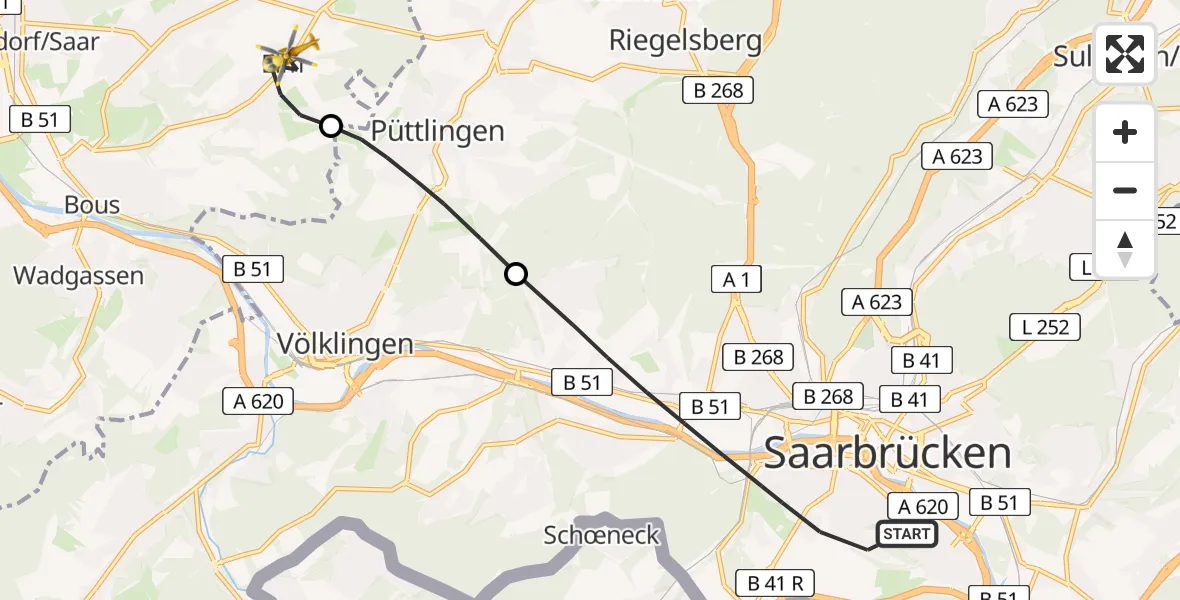 Flugroute Rettungshubschrauber Saarbrücken - Elm, 07 Februar 2026, 11:20