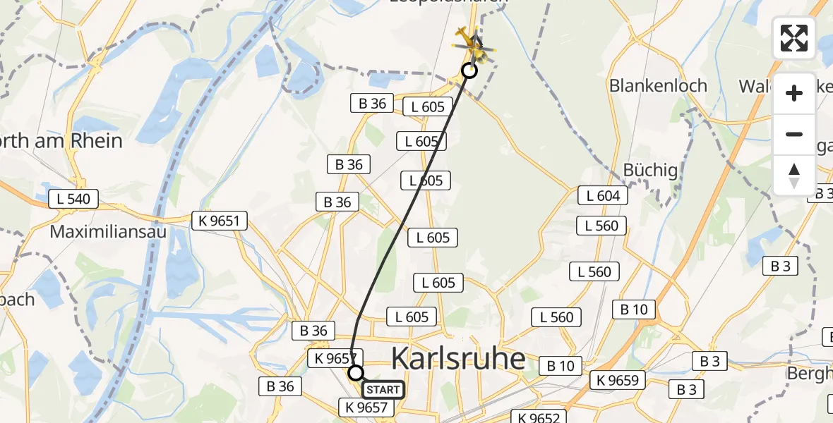 Flugroute Rettungshubschrauber Sankt Vincentius Hospital Heliport - Eggenstein-Leopoldshafen, 07 Februar 2026, 11:30
