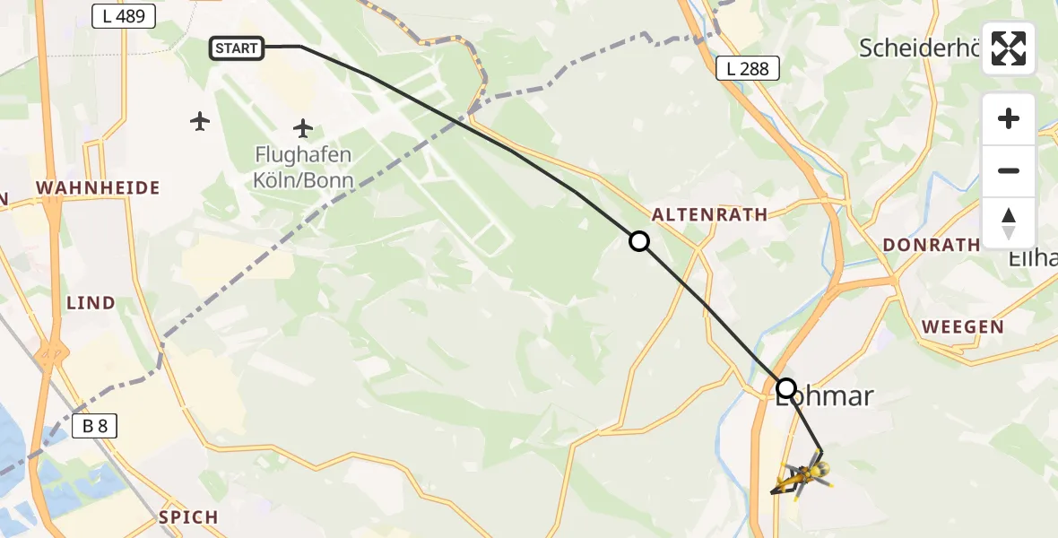 Flugroute Ambulanzhubschrauber Cologne Bonn Airport - Lohmar, 07 Februar 2026, 11:32