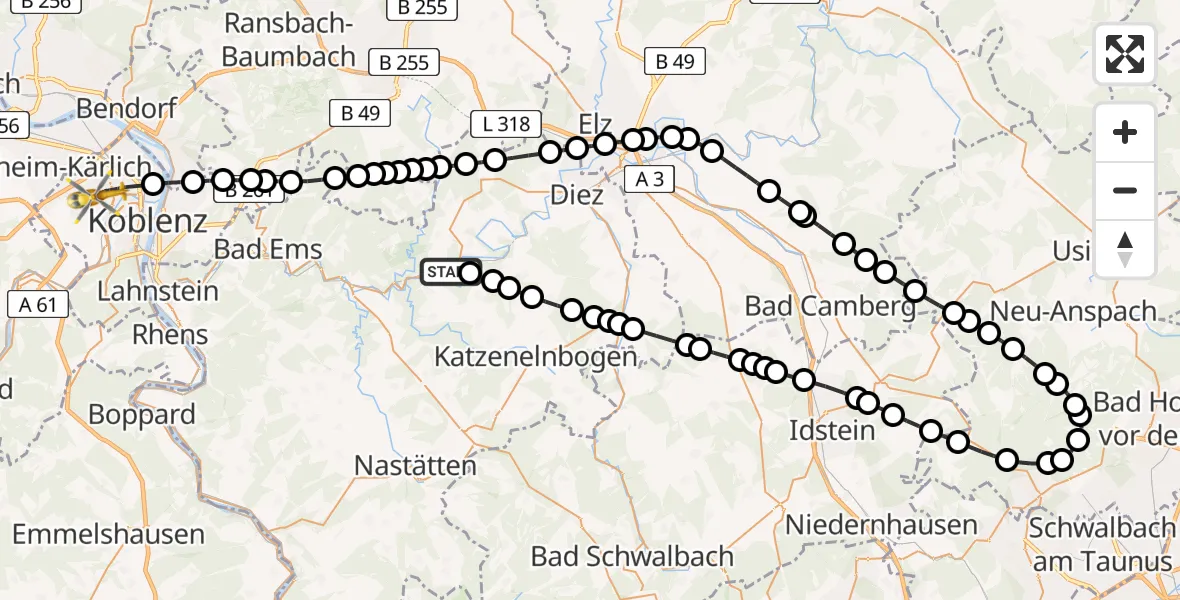 Flugroute Rettungshubschrauber Kalkofen (Gem. Dörnberg) - Koblenz, 07 Februar 2026, 11:50