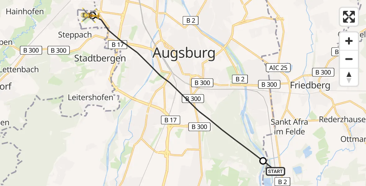 Flugroute Rettungshubschrauber Kissing - Augsburg University Hospital Heliport, 07 Februar 2026, 11:54