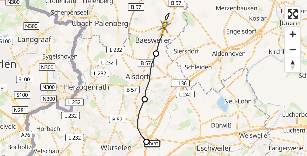 Flugroute Rettungshubschrauber Aachen-Merzbrück Airport - Baesweiler, 07 Februar 2026, 11:59
