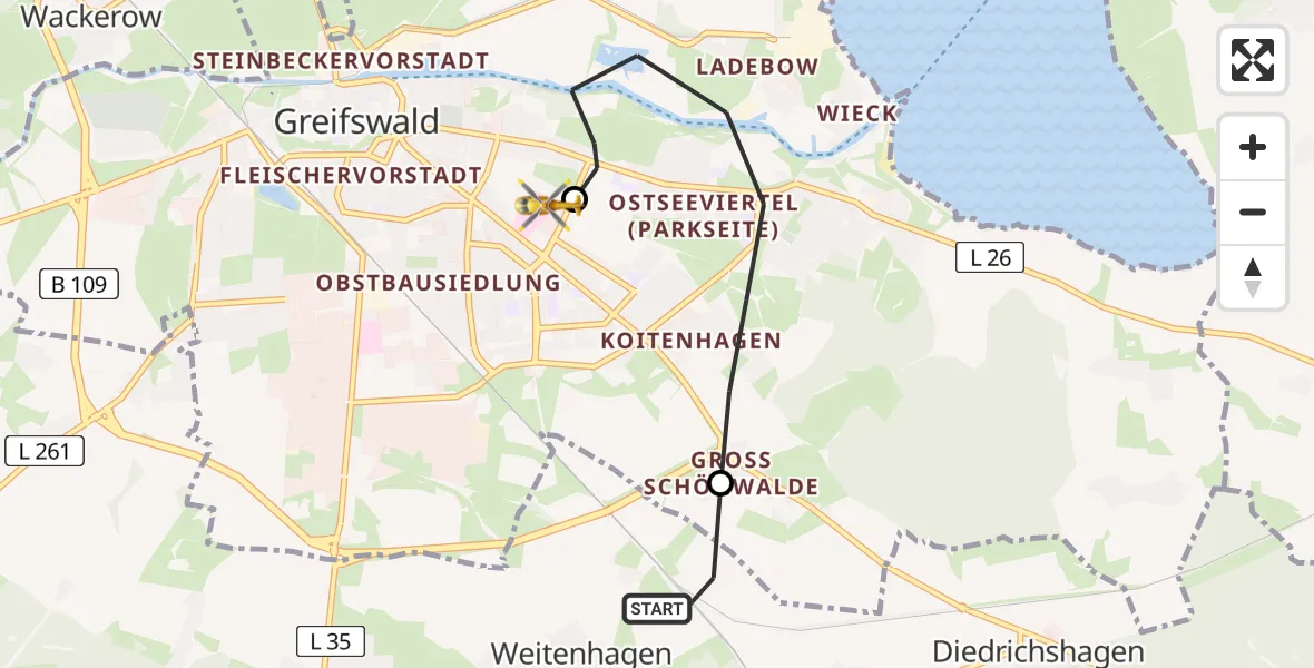 Flugroute Rettungshubschrauber Weitenhagen - Greifswald Hospital Heliport, 07 Februar 2026, 12:02