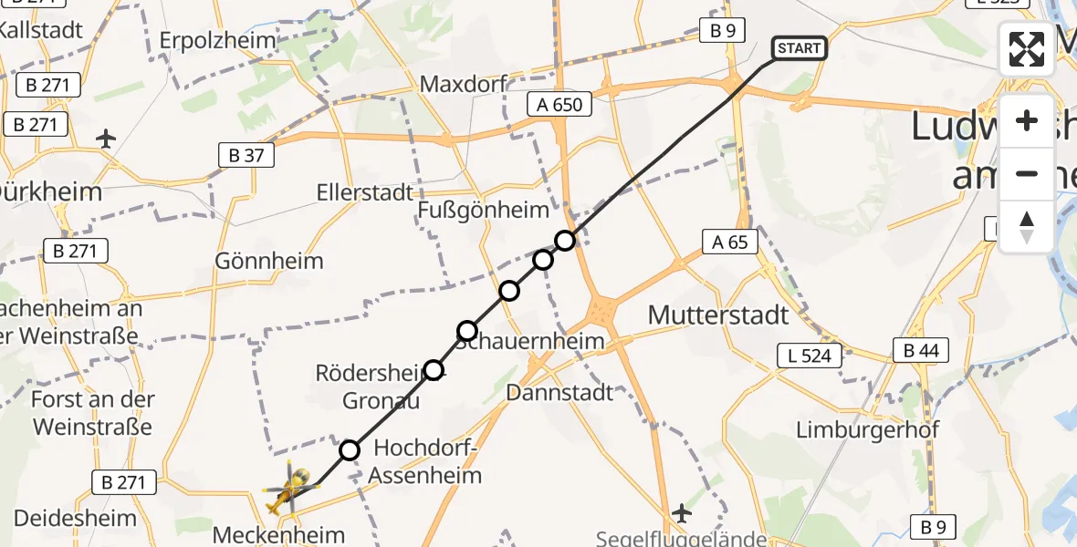 Flugroute Rettungshubschrauber Ludwigshafen am Rhein - Meckenheim, 07 Februar 2026, 12:03