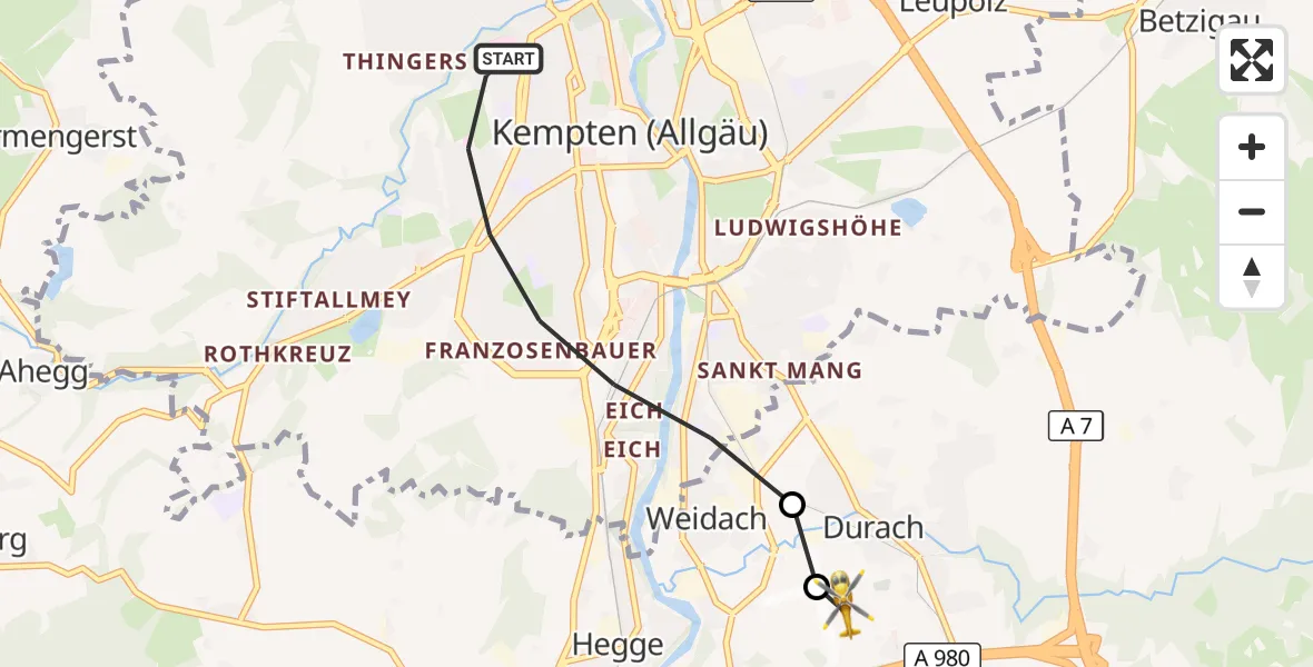 Flugroute Rettungshubschrauber Kempten (Allgäu) - Kempten-Durach Airfield, 07 Februar 2026, 12:10