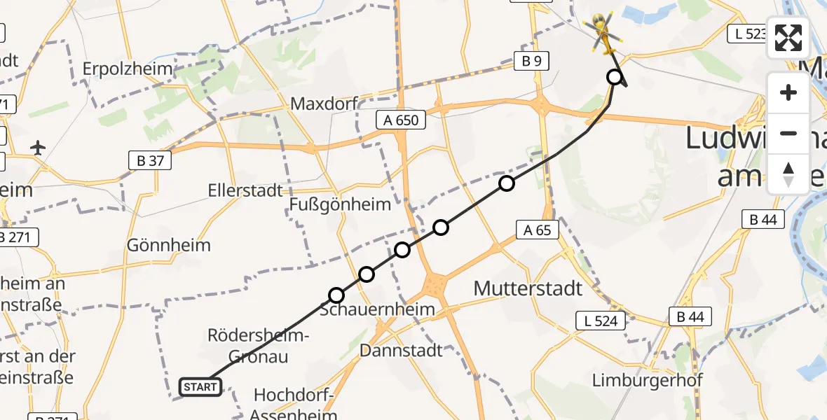 Routekaart van de vlucht: Rettungshubschrauber nach Ludwigshafen am Rhein, Mittelpartstraße
