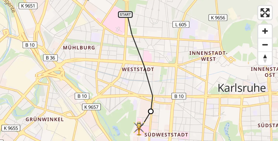 Flugroute Rettungshubschrauber Karlsruhe - Sankt Vincentius Hospital Heliport, 07 Februar 2026, 12:37