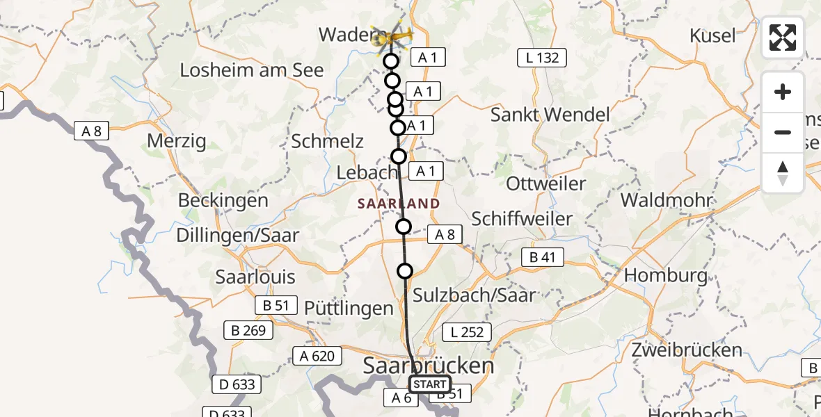 Flugroute Rettungshubschrauber Saarbrücken - Wadern, 07 Februar 2026, 13:40