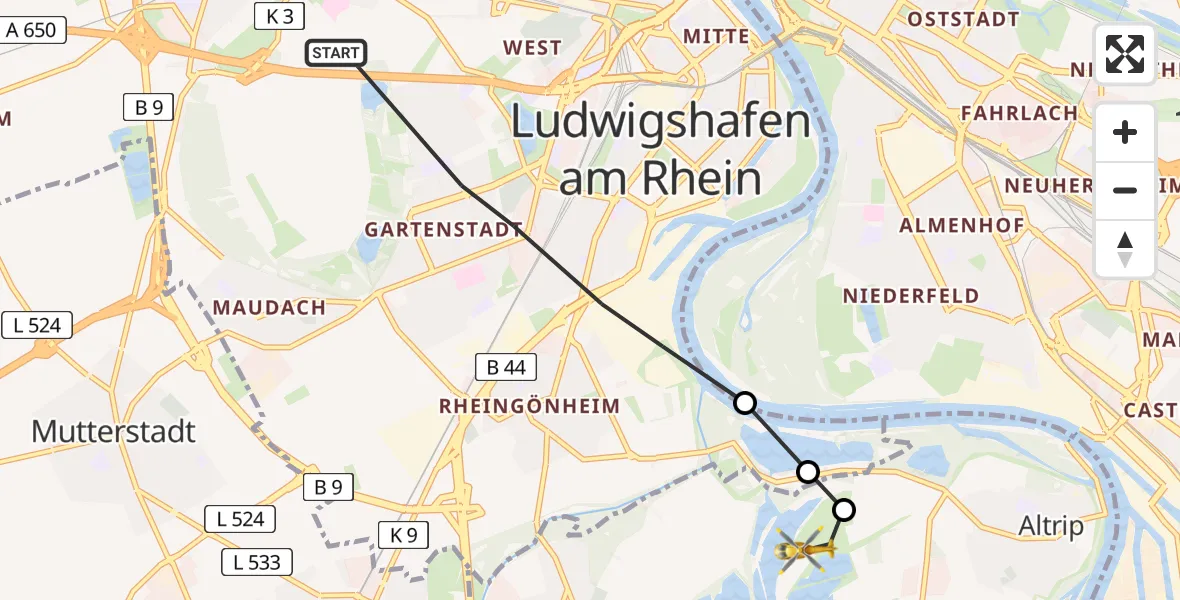 Flugroute Rettungshubschrauber Ludwigshafen am Rhein - Altrip, 07 Februar 2026, 13:50