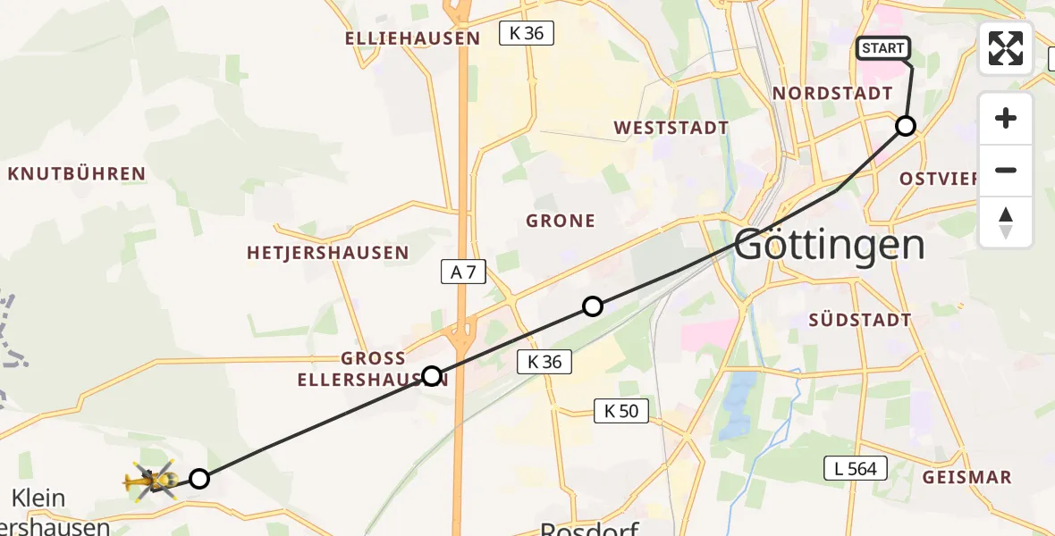 Flugroute Rettungshubschrauber Göttingen University Clinic Heliport - Rosdorf, 07 Februar 2026, 14:05