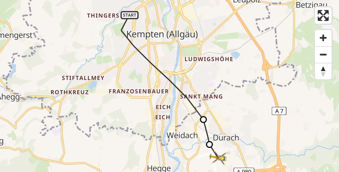 Flugroute Rettungshubschrauber Kempten (Allgäu) - Kempten-Durach Airfield, 07 Februar 2026, 14:06