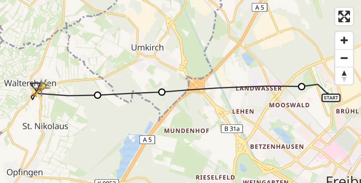 Flugroute Rettungshubschrauber Freiburg im Breisgau Airfield - Waltershofen, 07 Februar 2026, 14:08