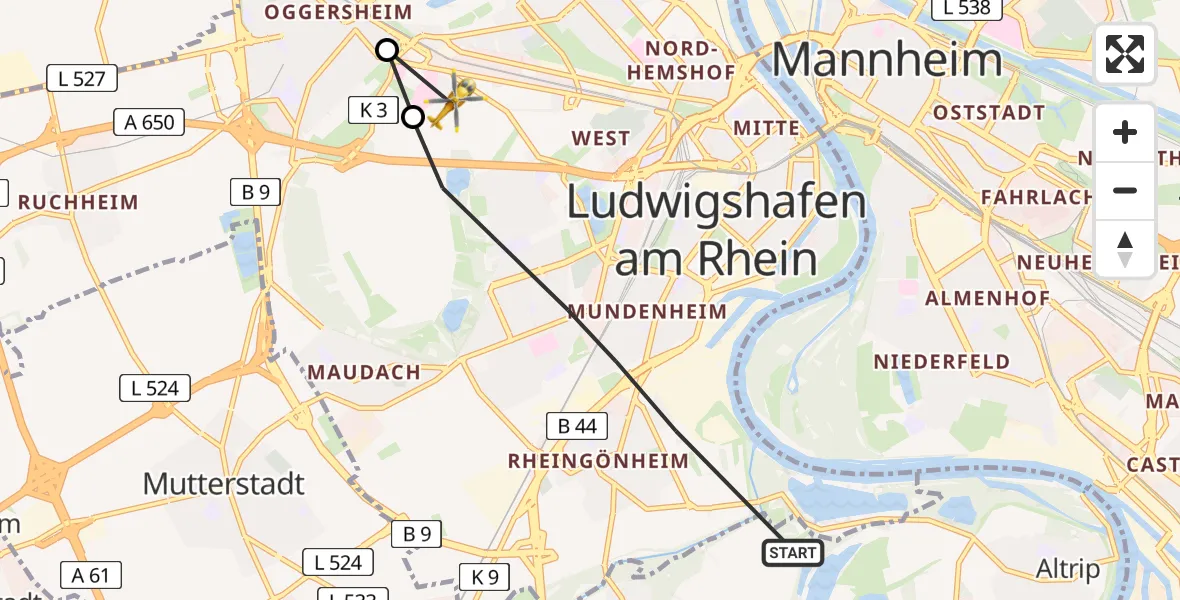 Flugroute Rettungshubschrauber Ludwigshafen am Rhein - Ludwigshafen Accident Hospital Heliport, 07 Februar 2026, 14:22