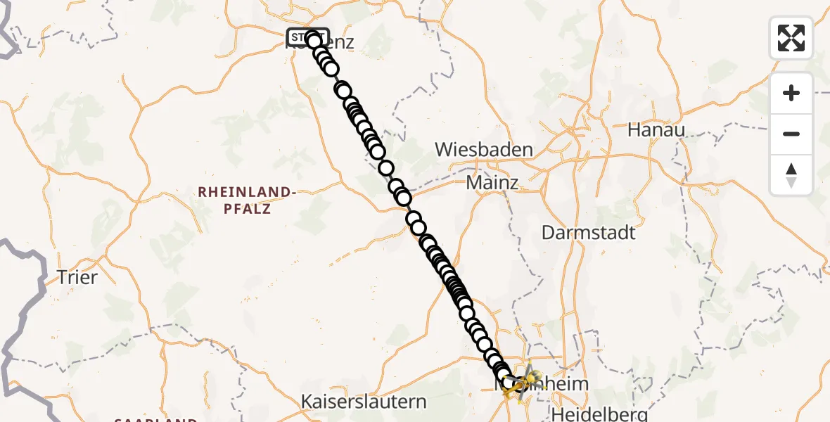 Flugroute Rettungshubschrauber Koblenz - Ludwigshafen Accident Hospital Heliport, 07 Februar 2026, 14:34