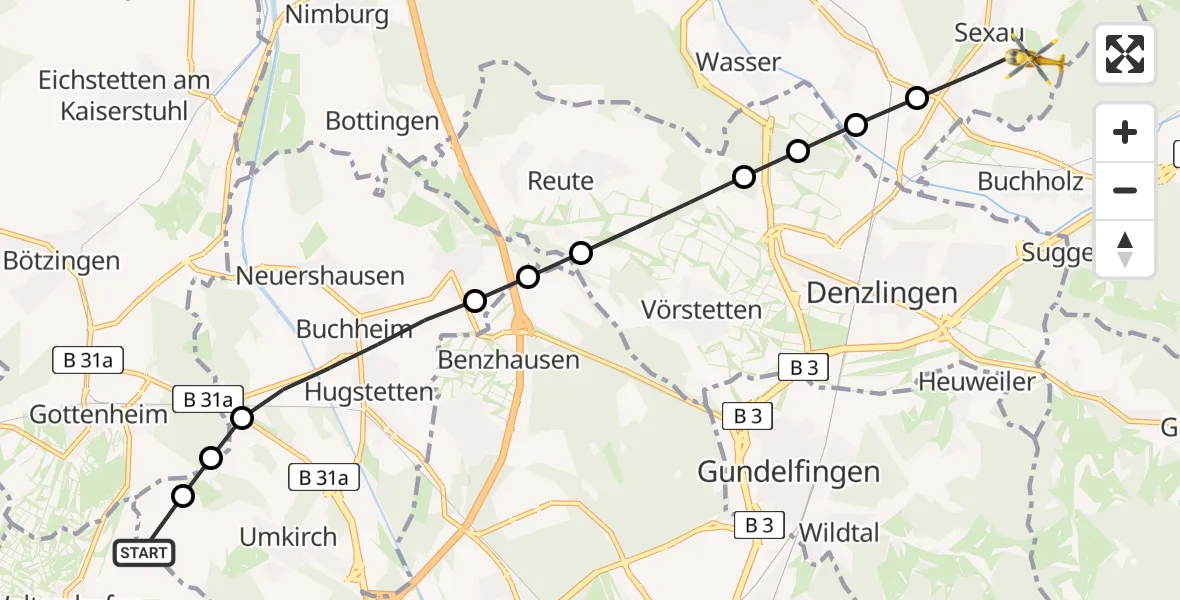 Flugroute Rettungshubschrauber Waltershofen - Sexau, 07 Februar 2026, 14:37